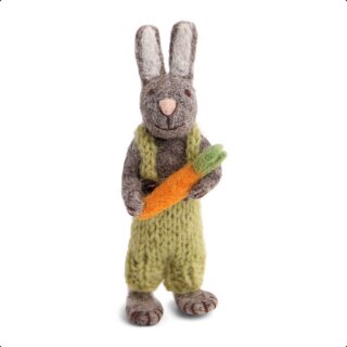 Hase grau mit Hose und Karotte, 14 cm