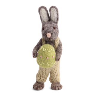 Hase grau mit Hose und Ei, 14 cm